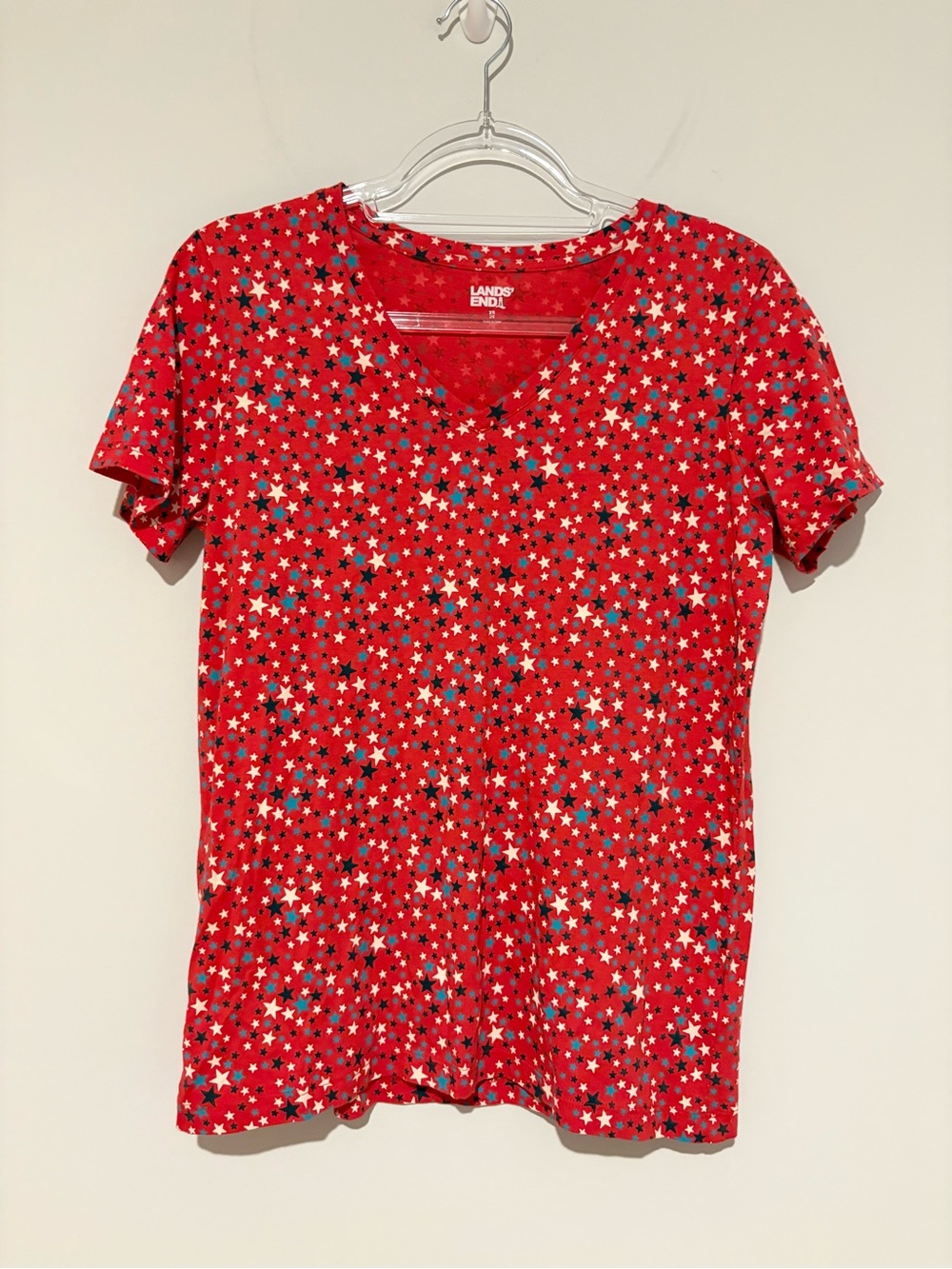 Lands End V Neck T-Shirt Star Shirt Patriotic red white blue size XS